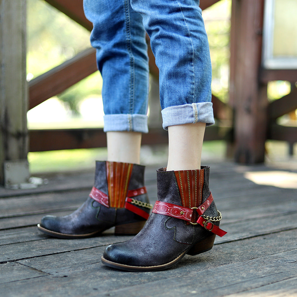 Amerikaanse Fashion Vintage Handgemaakte Matte Cowboy Enkellaarzen van Echt Leer met Geomestrisch Studded-band en Enkelketting voor Dames & Plus-size