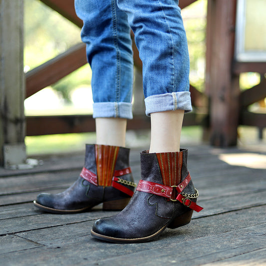 Amerikaanse Fashion Vintage Handgemaakte Matte Cowboy Enkellaarzen van Echt Leer met Geomestrisch Studded-band en Enkelketting voor Dames & Plus-size