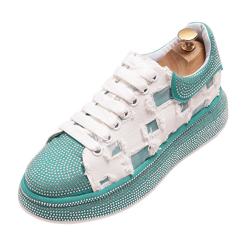 Europese Modieuze Casual Effen Kleur Accenten Canvas Sneakers met Strass-steentjes en Dikke Platformzool voor Heren