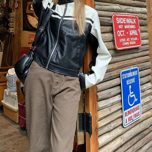 Populaire Locomotive Amerikaanse Retro Contrasterende Kleur Jacket van PU-Leer voor Dames