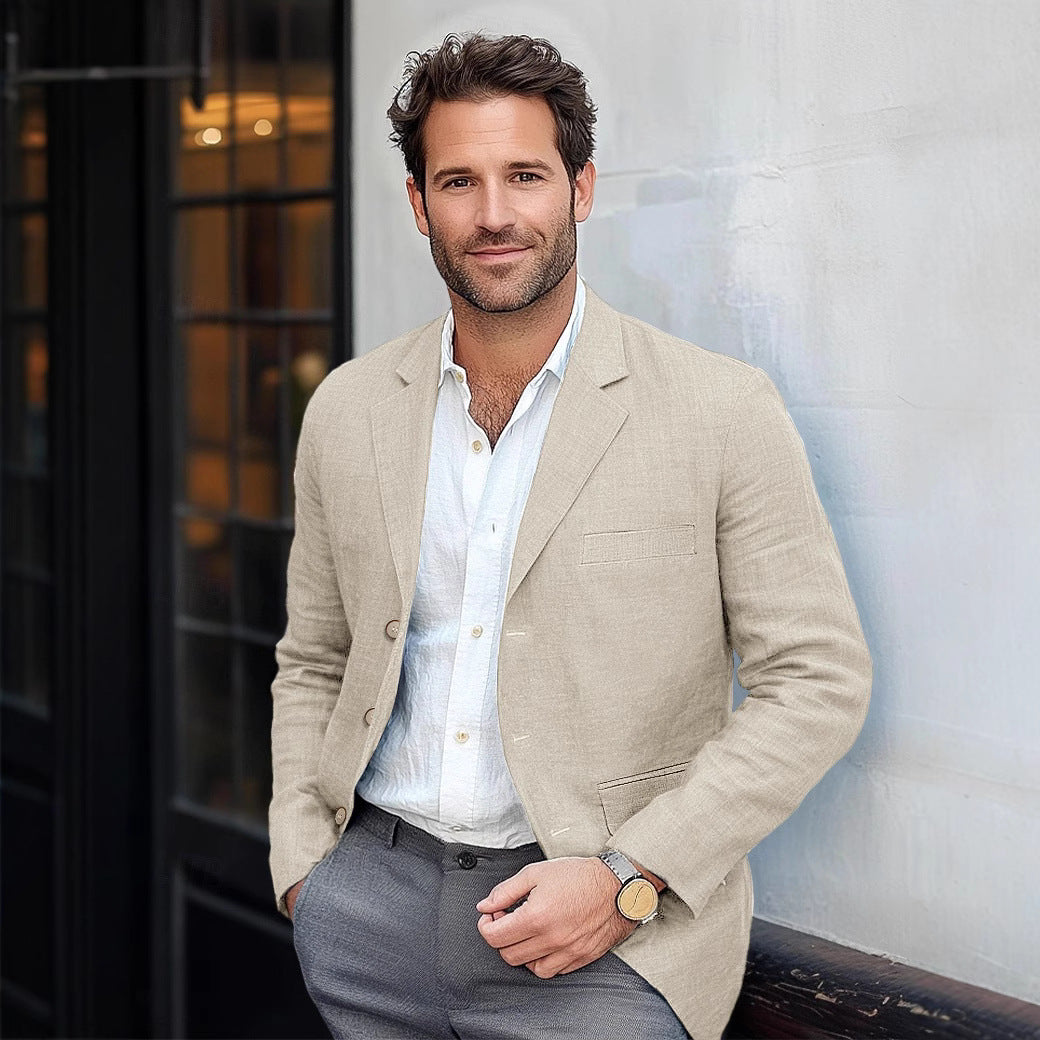Retro Casual Effen Kleur Katoenen en Linnen Blazer met Knoopsluiting voor Heren & Jongens