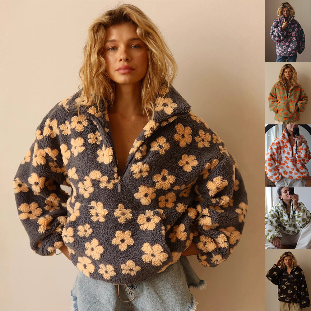 Uniek Ontwerp Trendy Winterse Casual Oversized Fleece Trui met Bloemenpatroon en Ritssluiting Revers voor Dames & Plus-size