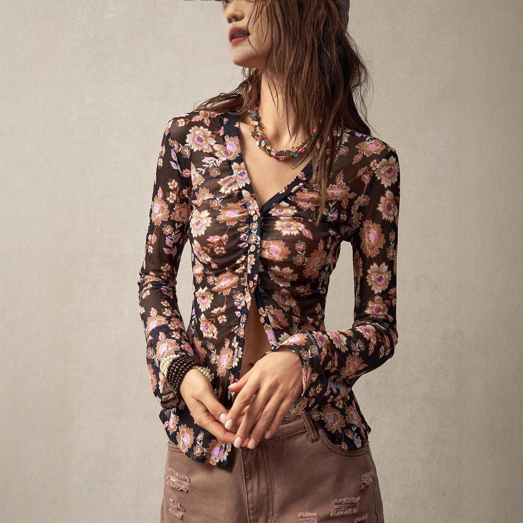 Europees en Amerikaans bedrukt overhemd voor dames, slim fit, afslankend retro temperament