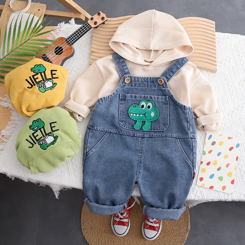 Casual 2-delige Set Hoodie met Geborduurde Cartoon & Spijker-overall met Geborduurde Cartoon voor Baby's/ Peuters