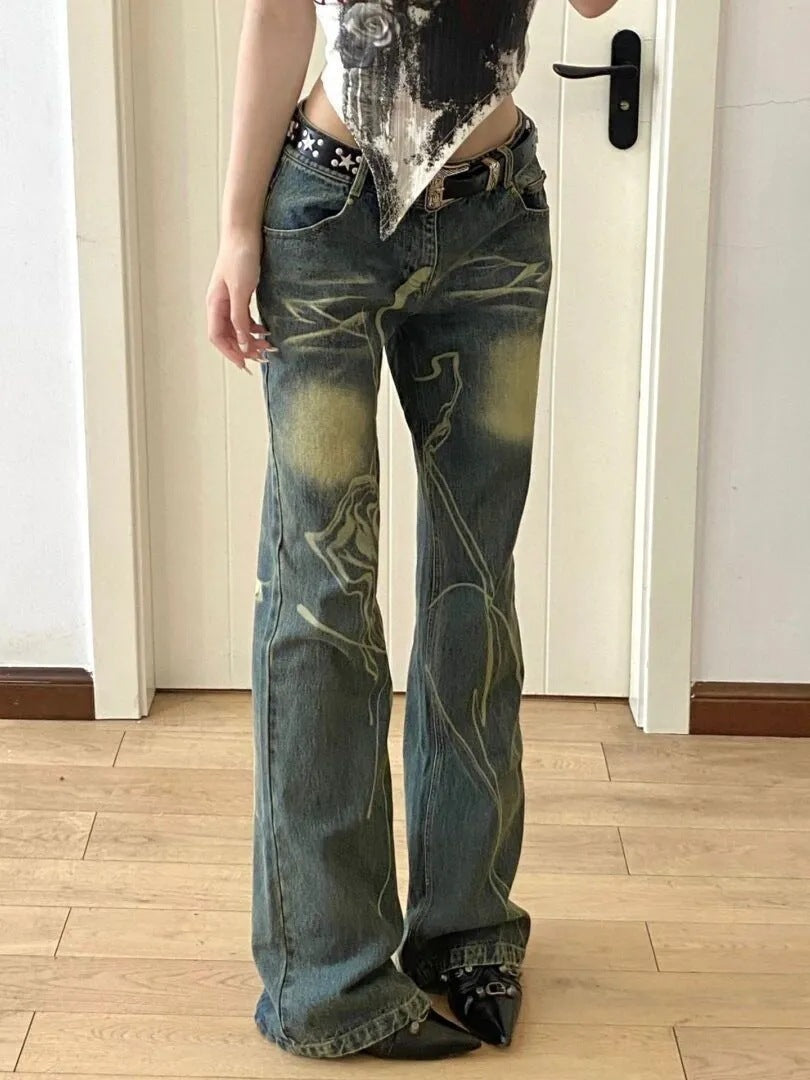 Amerikaanse Retro Washed-out Slightly Flared Jeans voor Dames/ Plus-size & Meisjes