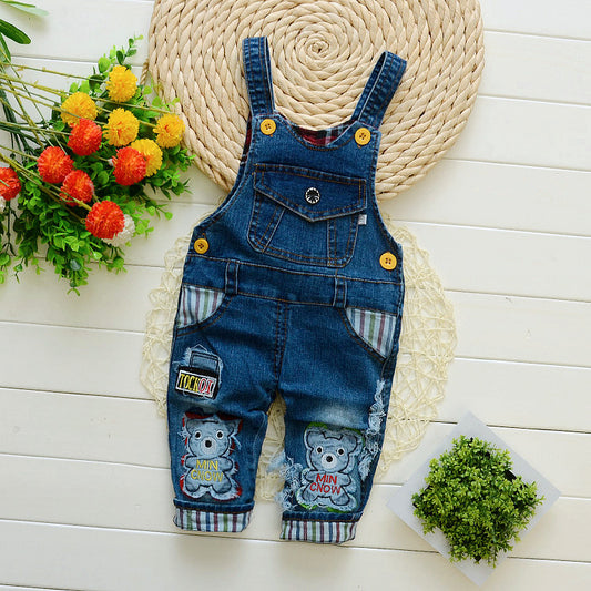 Stoere Jeans Jumpsuit met Bandjes en Geborduurde Cartoon voor Peuters/ Kinderen