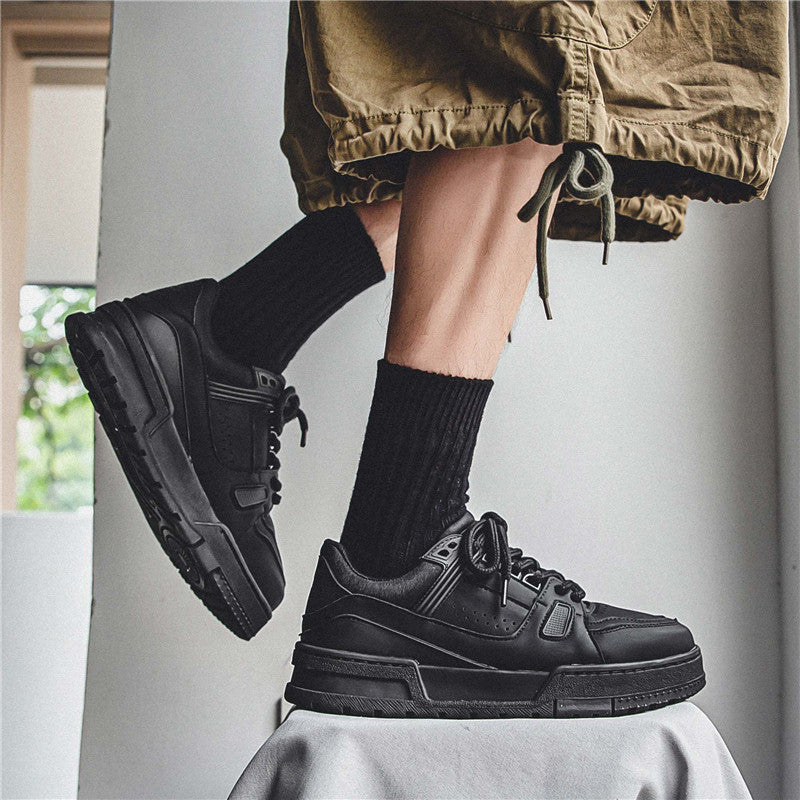 Europese Casual Retro Effen Kleur Sportsneakers van PU-Leer met Ronde Neus en Vetersluiting in Britse Stijl voor Heren & Jongens