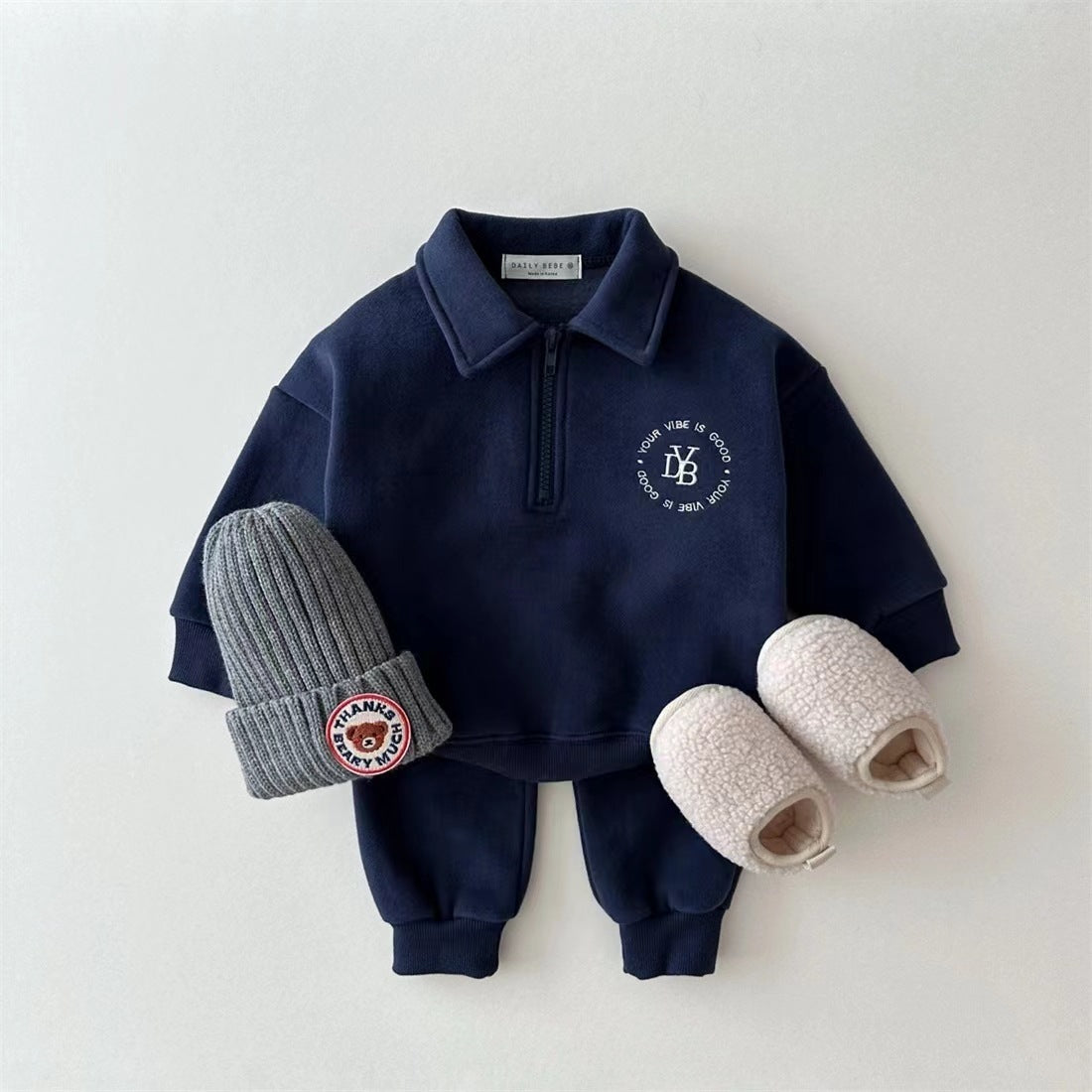 Tweedelig Pak Revers Fleece-gevoerde Sweatshirt met Rits & Joggingbroek voor Babý's/ Peuters