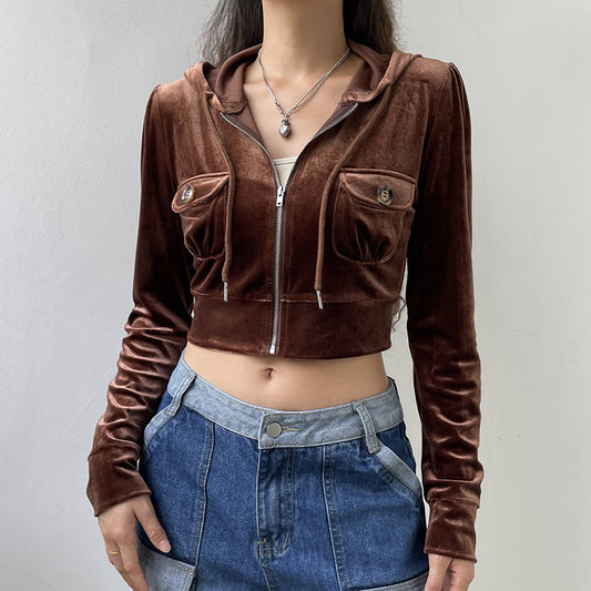 CorduroyEuropese en Amerikaanse Casual Cropped Hoodie Sweatvest met Rits en Trekkoord voor Dames