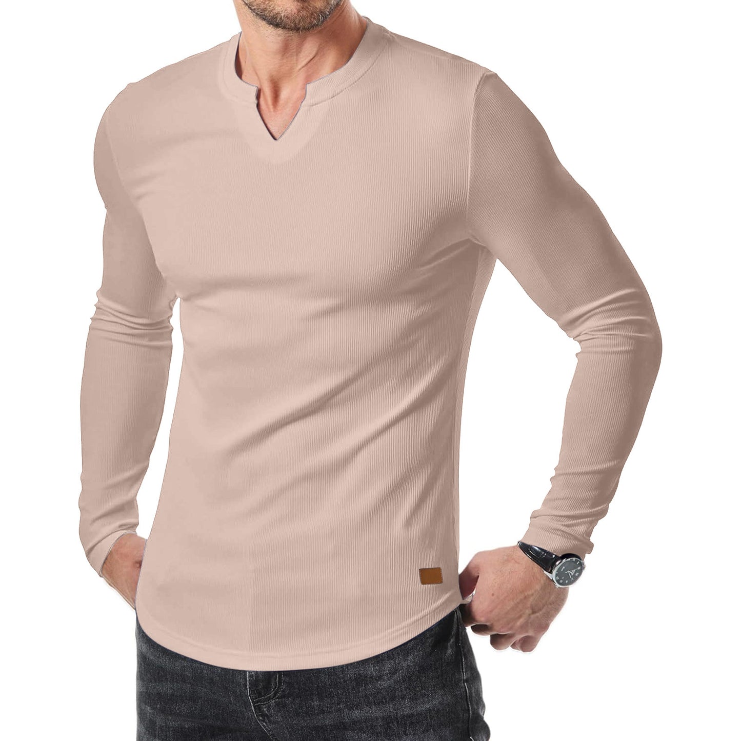 Fashion Casual Effen Kleur Slim Fit T-shirt met Kleine V-hals en Lange Mouwen voor Heren & Jongens