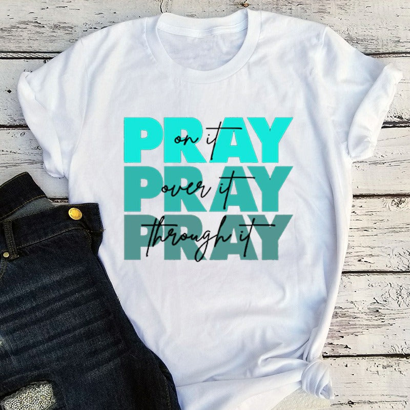 Modieuze Streetwear Effen Kleur Casual Vintage Religieus T-shirt met Ronde Hals en Korte Mouwen voor Dames/Plus-size & Meiden