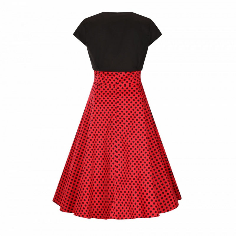 Hepburn Style Casual Vintage Rode Jurk met Korte Mouwen en Stippen-patroon voor Dames & Plus-size