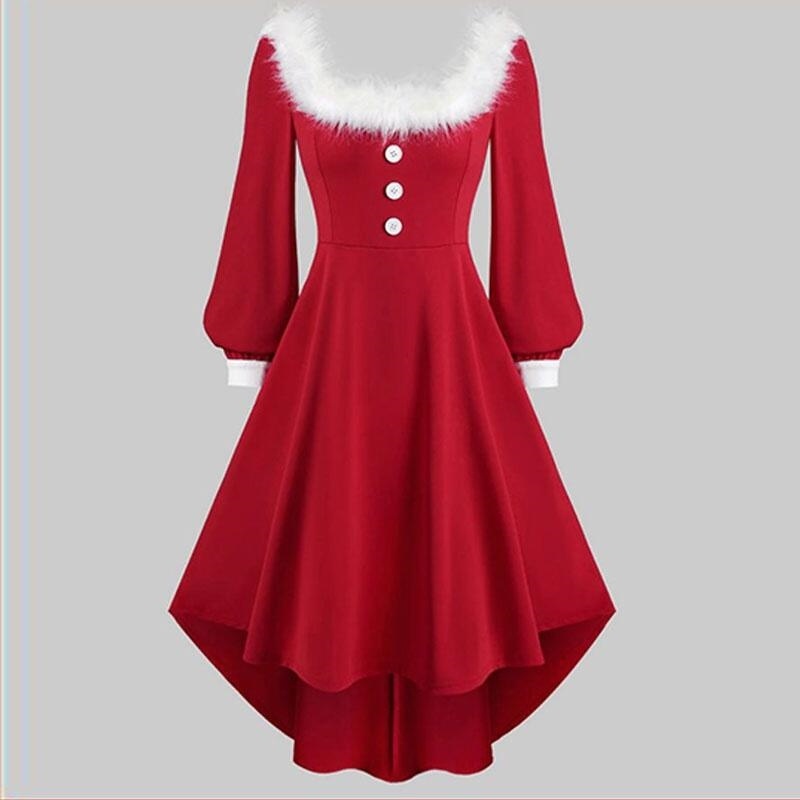 Kerstmis Elegante Artistieke Retro V-hals Kerstjurk met Imitatie Bont Patchwork en Lange Mouwen voor Dames & Plus-size