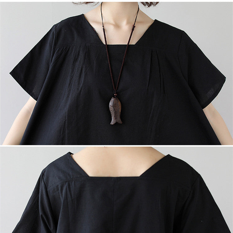 Trendy Oversized Linnen Midi-jurk met Korte Mouwen en Gestreepte Onderkant voor Dames