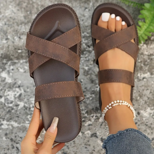 Eenvoudige Comfortabele Effen Kleur Casual Sandalen van PU-Leer met Gekruiste Bandjes en Platte Zool voor Dames