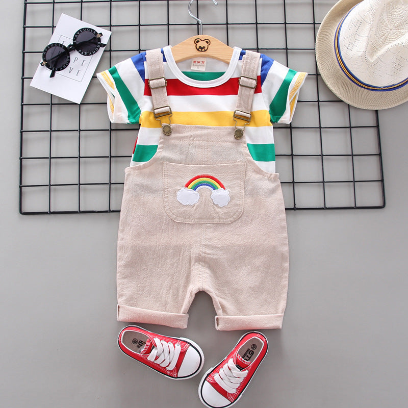 Trendy 2-delige Set Regenboog T-shirt met Korte Mouwen & Bibbroek voor Baby's/ Peuters
