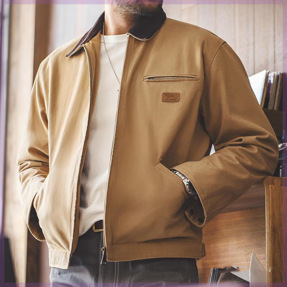 Retro Canvas Turn-down Jacket met Kraag en Ritssluiting in Amerikaanse Stijl voor Heren