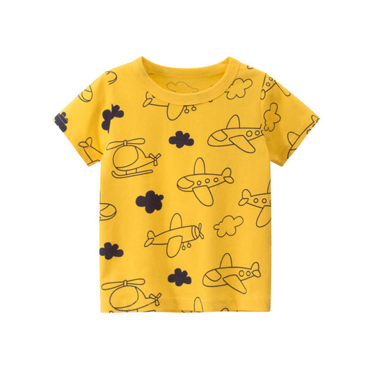 Trendy Casual Bedrukte Cartoonprint Ronde Hals Geel T-shirt met Korte Mouwen voor Kinderen