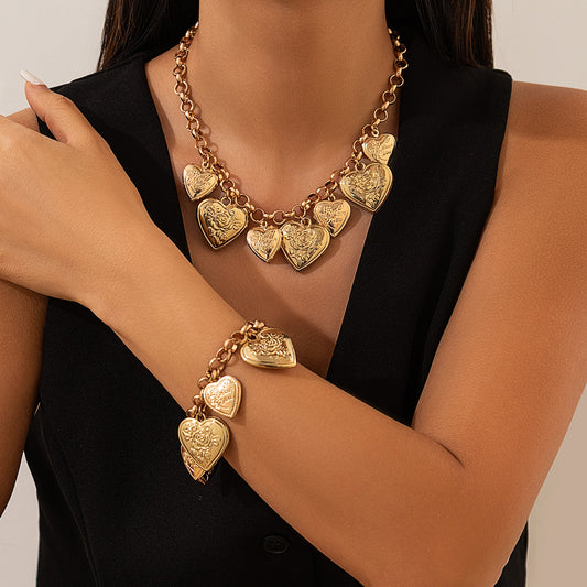 Elegante Unieke Retro Ronde Sleutelbeen Halsketting/Armband met Hartvormige Bedeltjes van Legering en OT Gesp voor Dames