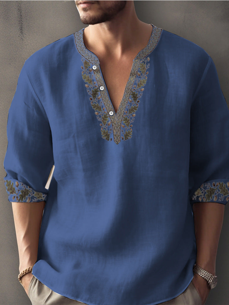 Europese Casual Oversized Kleurmatching Bamboe Linnen T-shirt met 3D Bedrukte Henleykraag en Lange Mouwen voor Heren