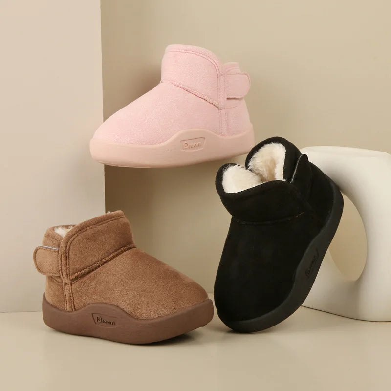 Trendy Effen Kleur Warme Winterse Enkellaarsjes van Pluche en PU-Leer met Ronde Neus en Klittenbandsluiting voor Kinderen