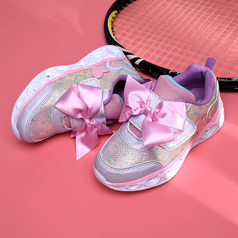 Trendy Casual Kleurrijke LED Lichtgevende Sneaker van PU-Leer met Grote Strik Klittenband voor Meisjes