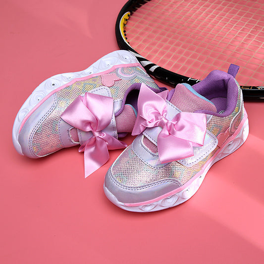 Trendy Casual Kleurrijke LED Lichtgevende Sneaker van PU-Leer met Grote Strik Klittenband voor Meisjes