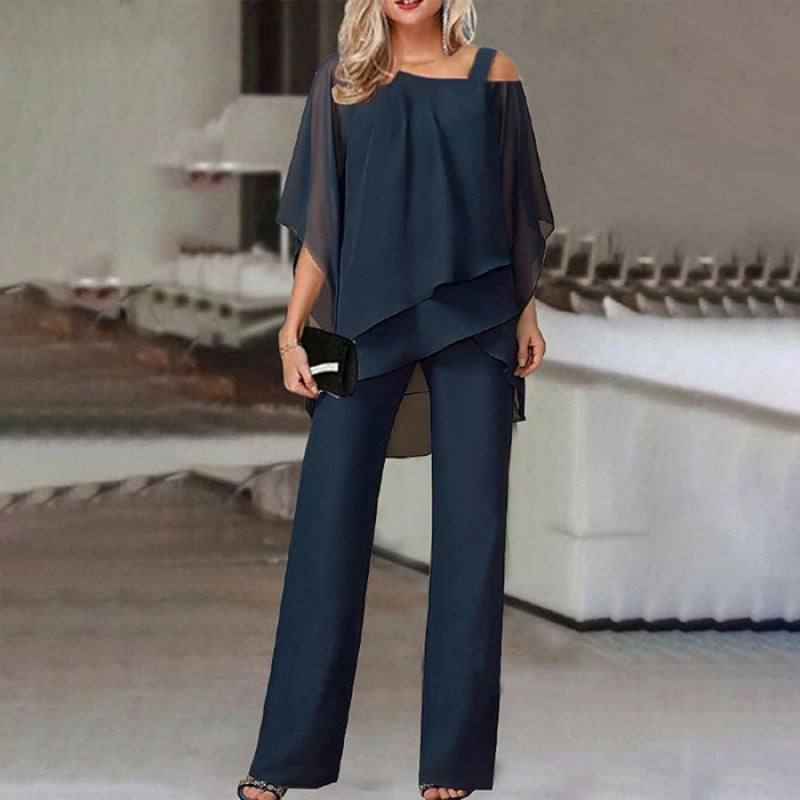 Elegante Stijlvolle Effen Kleur 2-delige Outfit * Oversized Off-Shoulder Top met Vleermuismouwen & Rechte Wijde Pijpen Broek voor Dames/Plus-size & Meiden