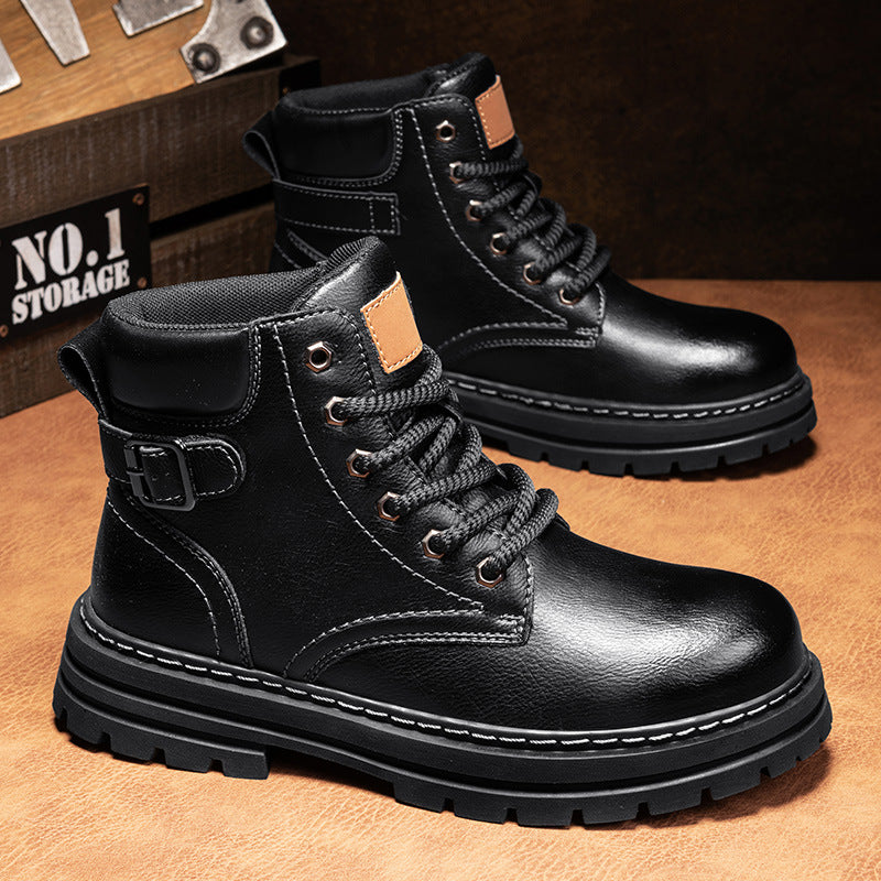 Retro Casual Business Effen Kleur Hoge Workboots van Echt Leer met Ronde Neus en Vetersluiting voor Heren