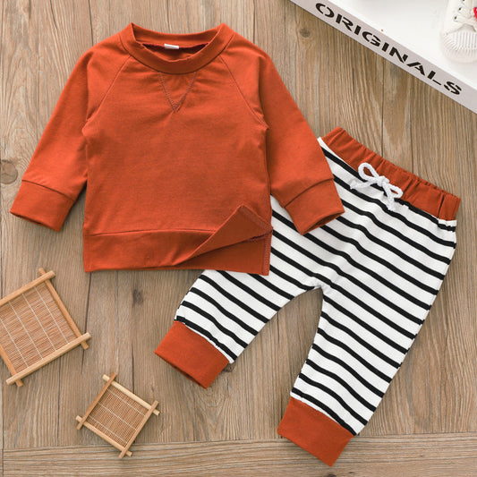 Europese en Amerikaanse Stijl Tweedelige Set Effen kleur Sweatshirt & Gestreepte Broek voor Baby's/ Peuters
