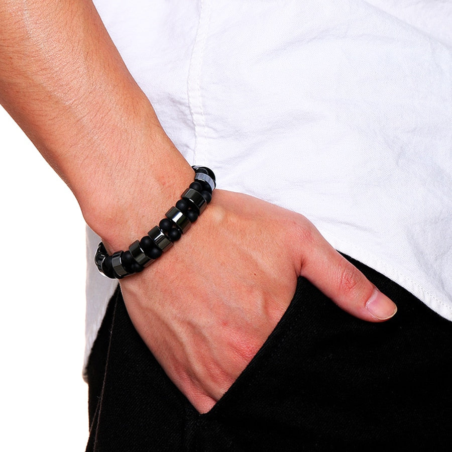 Stijlvolle Modieuze Geometrische Dubbellaagse Armband met Hematiet en Tijgeroog Kralen voor Heren