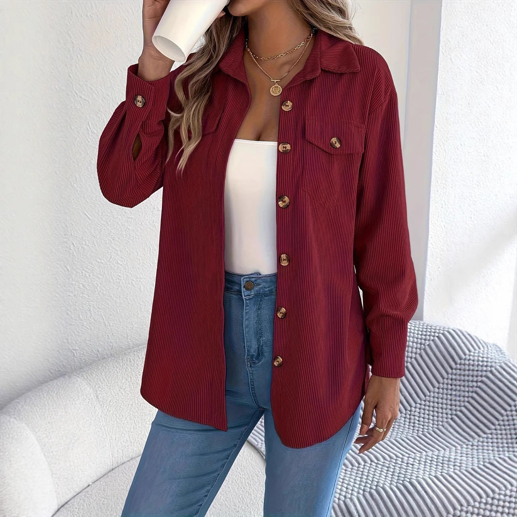 Amerikaanse Casual Halflang Gestreepte Corduroy Overhemd met Knoopsluiting voor Dames & Plus-size