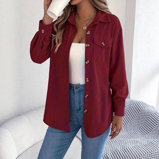 Amerikaanse Casual Halflang Gestreepte Corduroy Overhemd met Knoopsluiting voor Dames & Plus-size