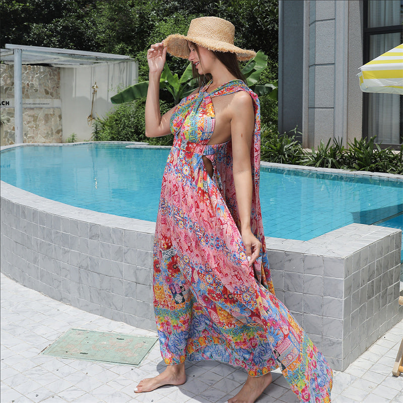 Elegante Mouwloze Bloemenprint Boho Maxi-jurk met Kruisbandjes voor Dames & Plus-size