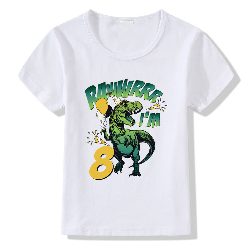 Casual Bedrukte Dino-ontwerp Verjaardag T-shirt van Cijfers 1-9 jaar met Ronde Hals en Korte Mouwen voor Kinderen