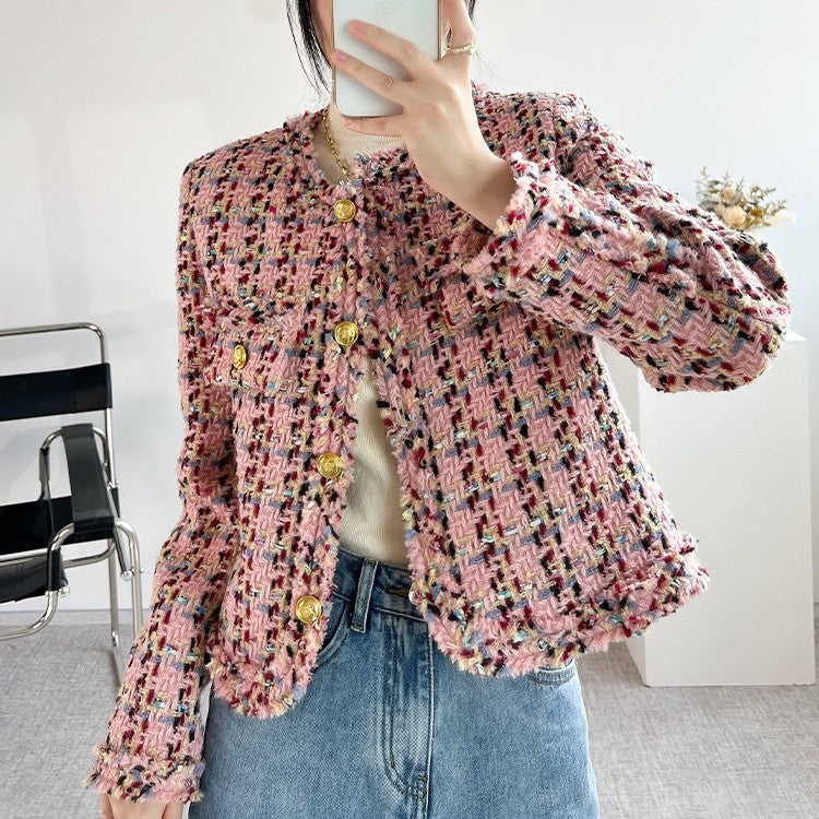 Effen Kleur Korte Jas van Franse Wollen Tweed met Ronde Hals en Knoopsluiting voor Dames