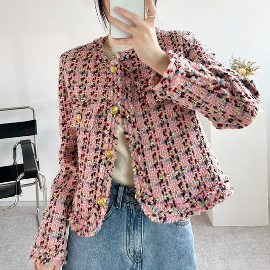 Effen Kleur Korte Jas van Franse Wollen Tweed met Ronde Hals en Knoopsluiting voor Dames