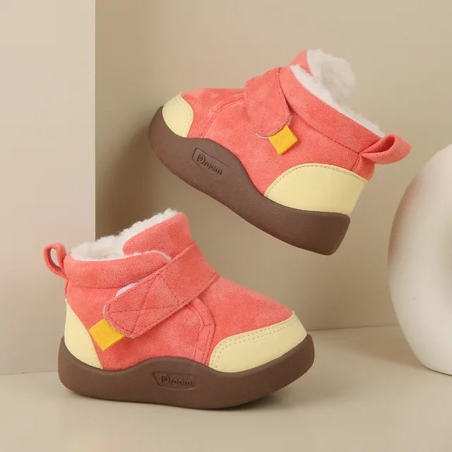 Trendy Effen Kleur Warme Winterse Enkellaarsjes van Pluche en PU-Leer met Ronde Neus en Klittenbandsluiting voor Kinderen