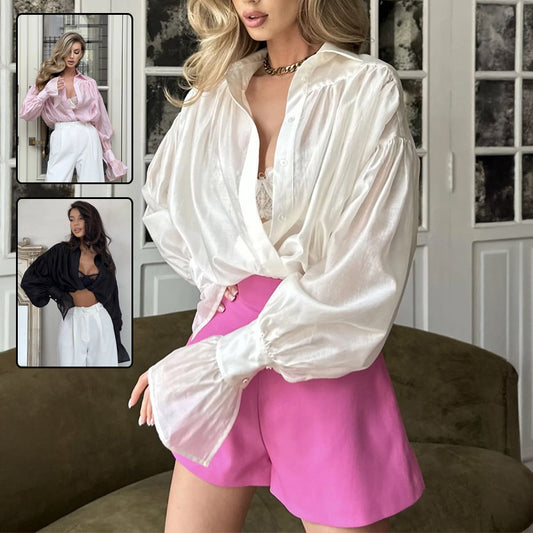 Amerikaanse Stijlvolle Fashion Casual Frans Revers-Blouse met Lantaarn Mouw en Knoopsluiting voor Dames & Plus-size