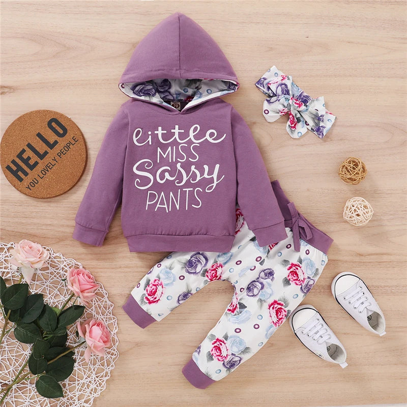 3-delige Outfit Hoofdband Letterprint Hoodie met Bloemenprint & Bloemenprint Broek voor Baby's / Peuters
