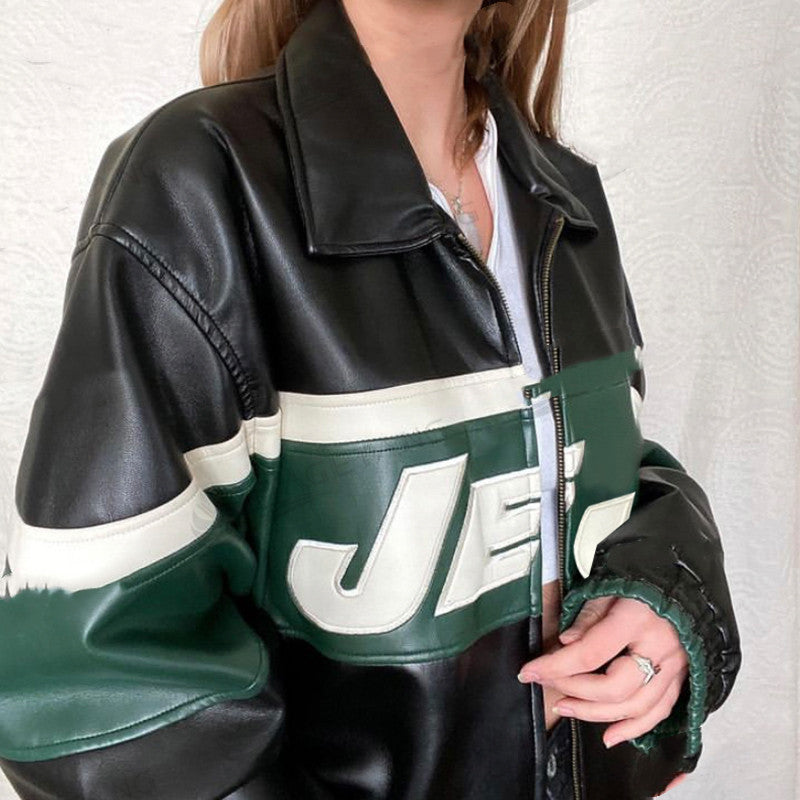 Amerikaanse Retro zwarte Jas van PU-Leer met Patchwork en Letters voor Dames