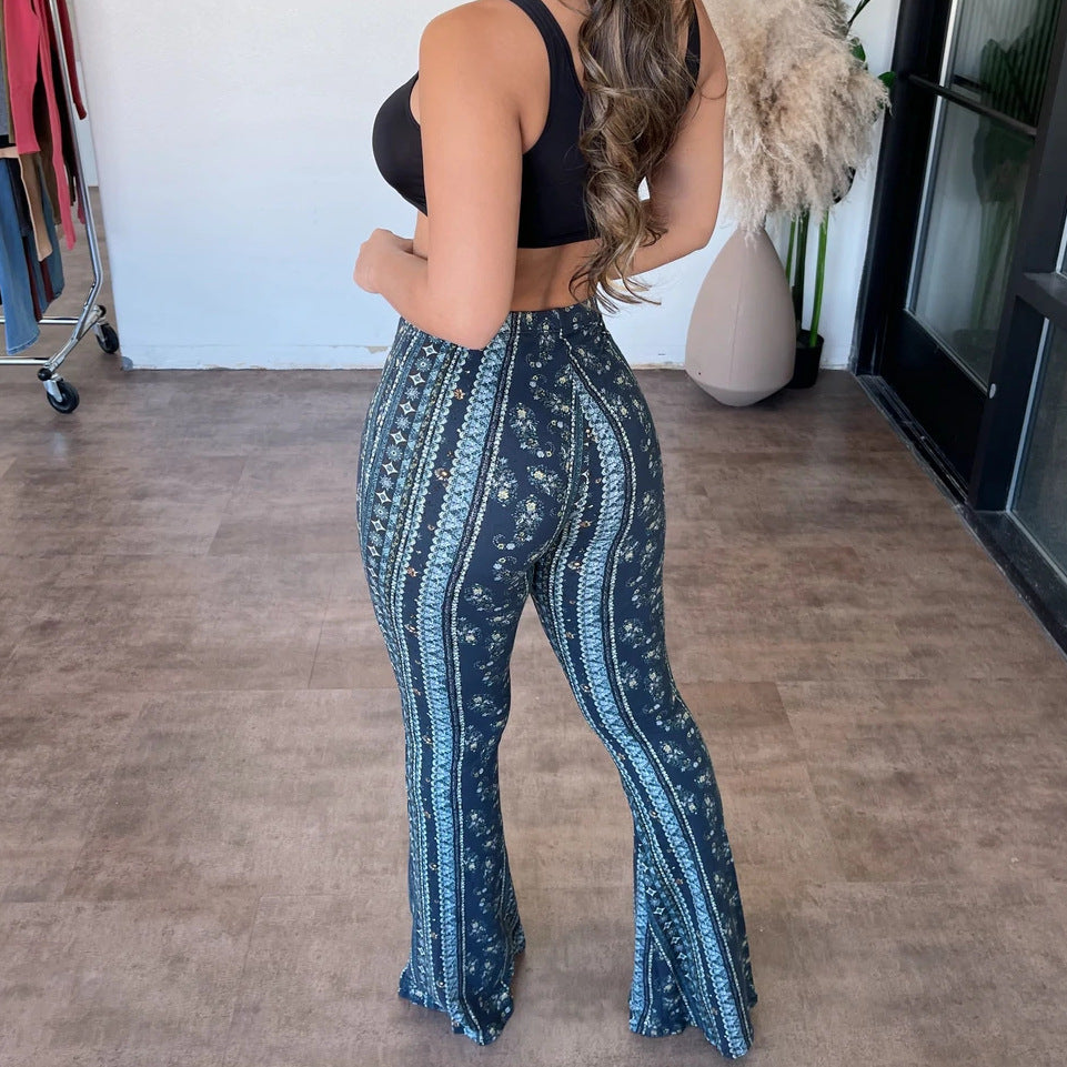 Stijlvolle Elegante Hoge Taille Strakke Stretch Boho Flare Broek met Bedrukte Paisley en Streepmotief voor Dames & Plus-size