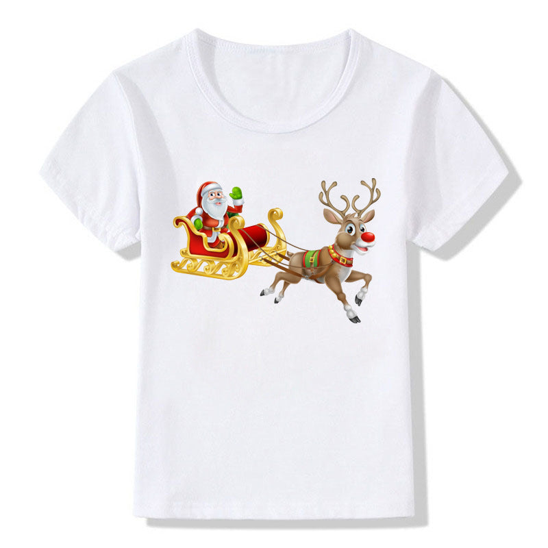 Amerikaanse Kerstmis Casual Bedrukte Schattige Cartoon Kerst T-shirt met Ronde Hals en Korte Mouwen voor Kinderen