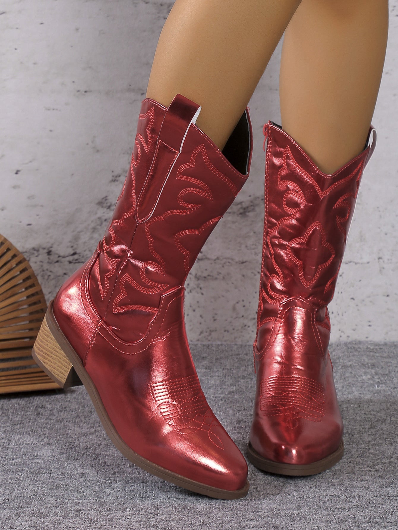 Amerikaanse Designer Disco Metallic Cowboy Laarzen van PU-Leer met Blok Hak en Geborduude Patroon voor Dames & Plus-size