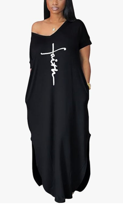 Casual Oversized Off-shoulder Halslijn Maxi-jurk met Letterprint voor Dames & Plus-size