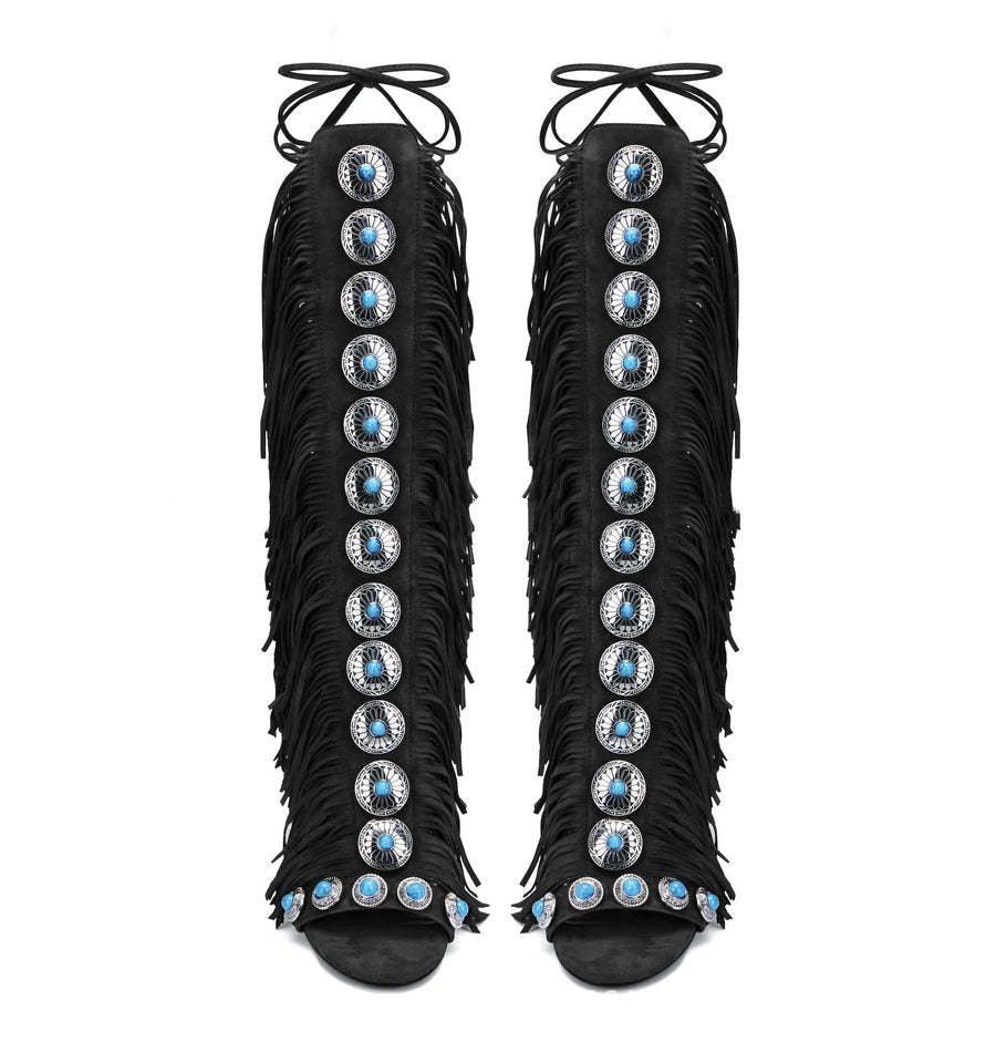 Europese en Amerikaanse Elegante Effen Kleur Sandaletten Laarzen van PU-Leer in Native Stijl met Franjes en Vetersluiting voor Dames & Meiden