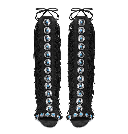 Europese en Amerikaanse Elegante Effen Kleur Sandaletten Laarzen van PU-Leer in Native Stijl met Franjes en Vetersluiting voor Dames & Meiden