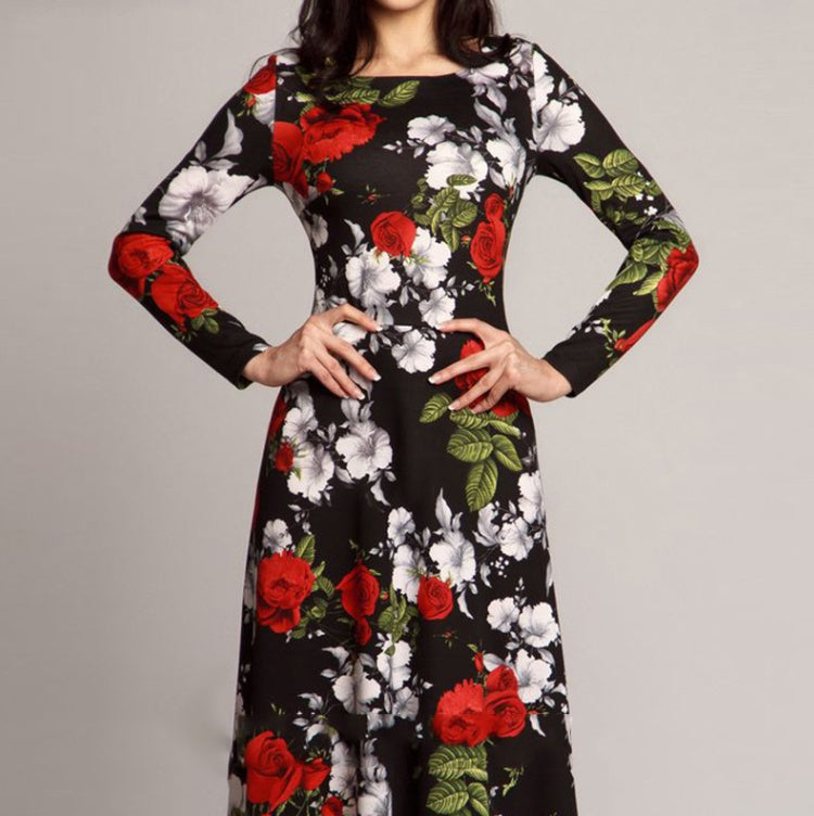 Europese Elegante Vintage Bloemenprint Maxi Jurk met Lange Mouwen voor Dames & Plus-size