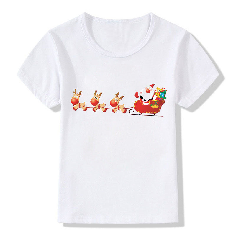 Amerikaanse Kerstmis Casual Bedrukte Schattige Cartoon Kerst T-shirt met Ronde Hals en Korte Mouwen voor Kinderen