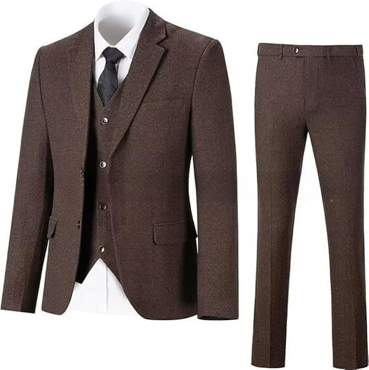 Stijlvolle Vintage Effen Kleur Slim Fit  3-delige Tweedpak met Visgraatmotief * Blazer & Pantalon met Knoopsluiting * voor Heren & Jongens